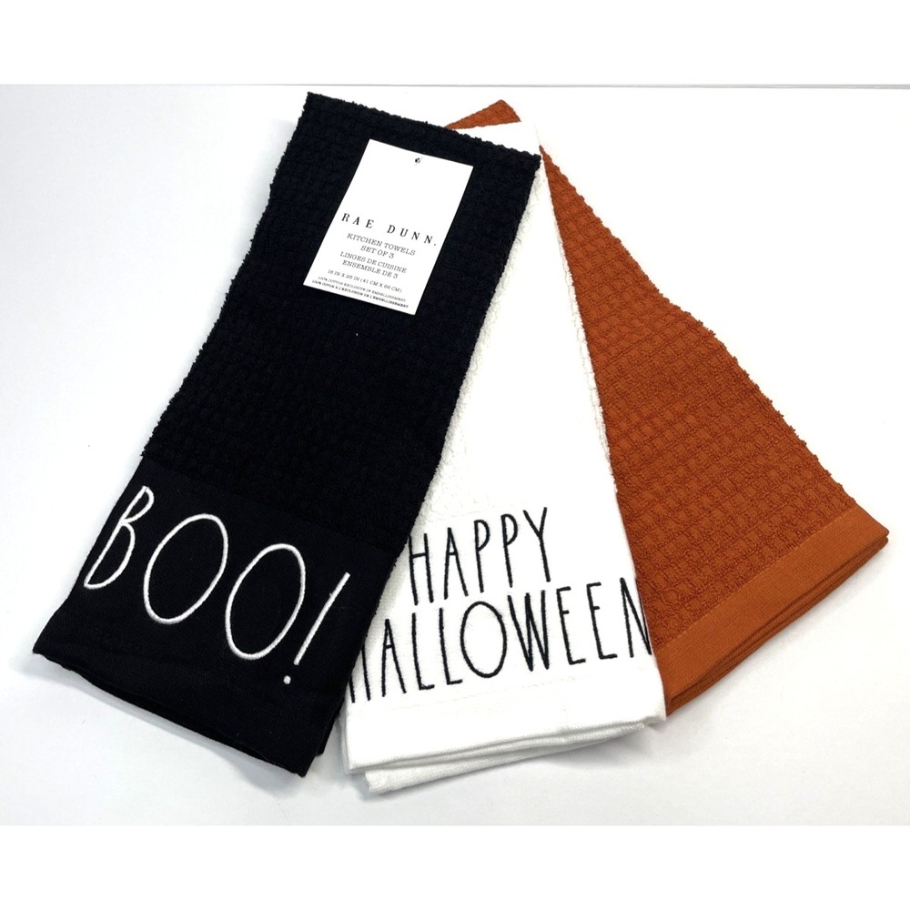 Rae Dunn-Kitchen Towels BOO, HAPPY HALLOWEEN, SPOOKY HALLOWEEN Set of 3